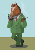 Fototapeta Konie - Horse man Smoking and talking on the phone/ Horse man talking on mobile phone make a little secret for friends and acquaintances who calls you on the phone?