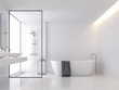 canvas print picture - Minimal style white bathroom 3d render, There are large white tile wall and floor.There have glass partition for shower zone,The room has large windows.Natural light transmitted through the room.