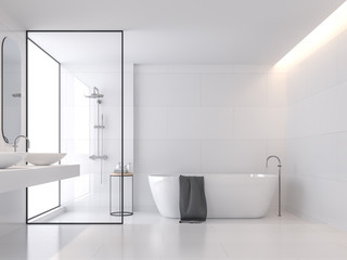 Wall Mural - Minimal style white bathroom 3d render, There are large white tile wall and floor.There have glass partition for shower zone,The room has large windows.Natural light transmitted through the room.