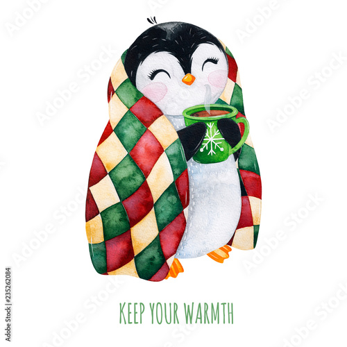Cute Watercolor Penguin With A Cup Of Hot Drink Hand Painted Holiday Illustration Perfect For Your Christmas And New Year Project Invitations Greeting Cards Wallpapers Blog Etc Buy This Stock Illustration And Explore Similar Illustrations At Adobe