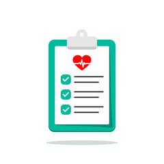 Clip board with hospital documents. Medical insurance forms. Doctor paperwork. Hospital documents with heartbeat icon. Illustration in flat style.