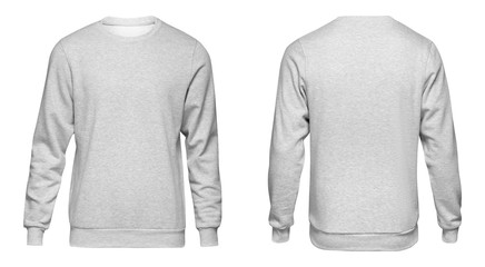 Blank template mens grey sweatshirt long sleeve, front and back view, isolated on white background. Design gray pullover mockup for print