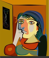 Wall Mural - Colorful abstract background, cubism art style, thinking woman