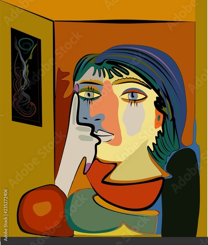 Dekoracja na wymiar  kolorowe-abstrakcyjne-tlo-styl-sztuki-kubizmu-myslaca-kobieta