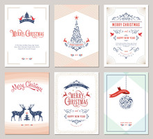 Elegant Vertical Winter Holidays Greeting Cards With New Year Tree, Doves, Reindeers, Christmas Ornaments And Ornate Typographic Design. 
