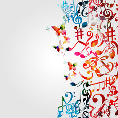  Music background with colorful music notes and G-clef vector illustration design. Artistic music festival poster, live concert events, music notes signs and symbols