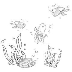 Wall Mural - Aquarium icon. Vector illustration of aquarium with fish. Hand drawn beautiful marine life on the ocean floor.