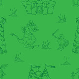 Fototapeta Dinusie - Dragon, knight, castle with towers seamless pattern. Vector illustration of a seamless pattern of fairytale characters dragon, knight. Hand drawn castle with tower knight with dragon.