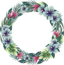 Vector Drawings Of Round Wreath With Tropical Plants, Floral Frame