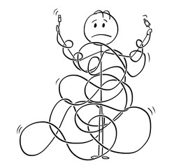 Wall Mural - Cartoon stick drawing conceptual illustration of man or technician tangled in cord, line or cable. Metaphor of technology complexity.