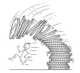 Sticker - Cartoon stick man drawing conceptual illustration of man or businessman running away from falling stack or pile of coins. Business metaphor for financial problem.