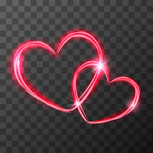 Red Light Traces In Two Crossed Hearts Shape With Magic Light And Sparkles, Love Concept On Transparent Background