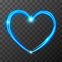 Neon blurry love symbol, blue magic light trail effect at motion. Luminous rays in heart shape on transparent background