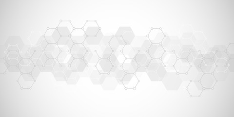 Geometric background texture with molecular structures and chemical engineering. Abstract background of hexagons pattern. Vector illustration for medical or scientific and technological modern design.