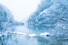 Croatia, Plitivice, Winter Landscape, Frozen Waterfalls And Lakes In Popular Nature Park Plitvicka Jezera