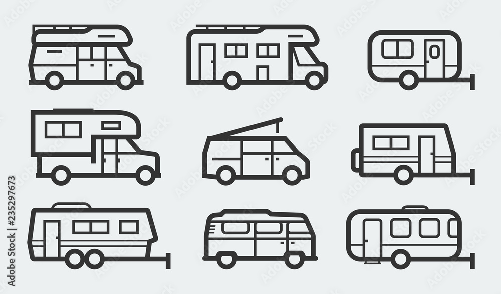 Recreational vehicles camper vans icons - obrazy, fototapety, plakaty 