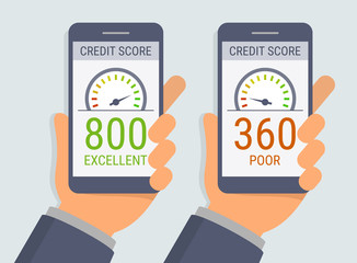 Vector hands holding smartphones with credit score app on the screen in flat style