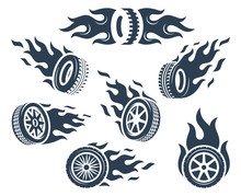 Set Of Wheels Silhouettes With Fire Flame