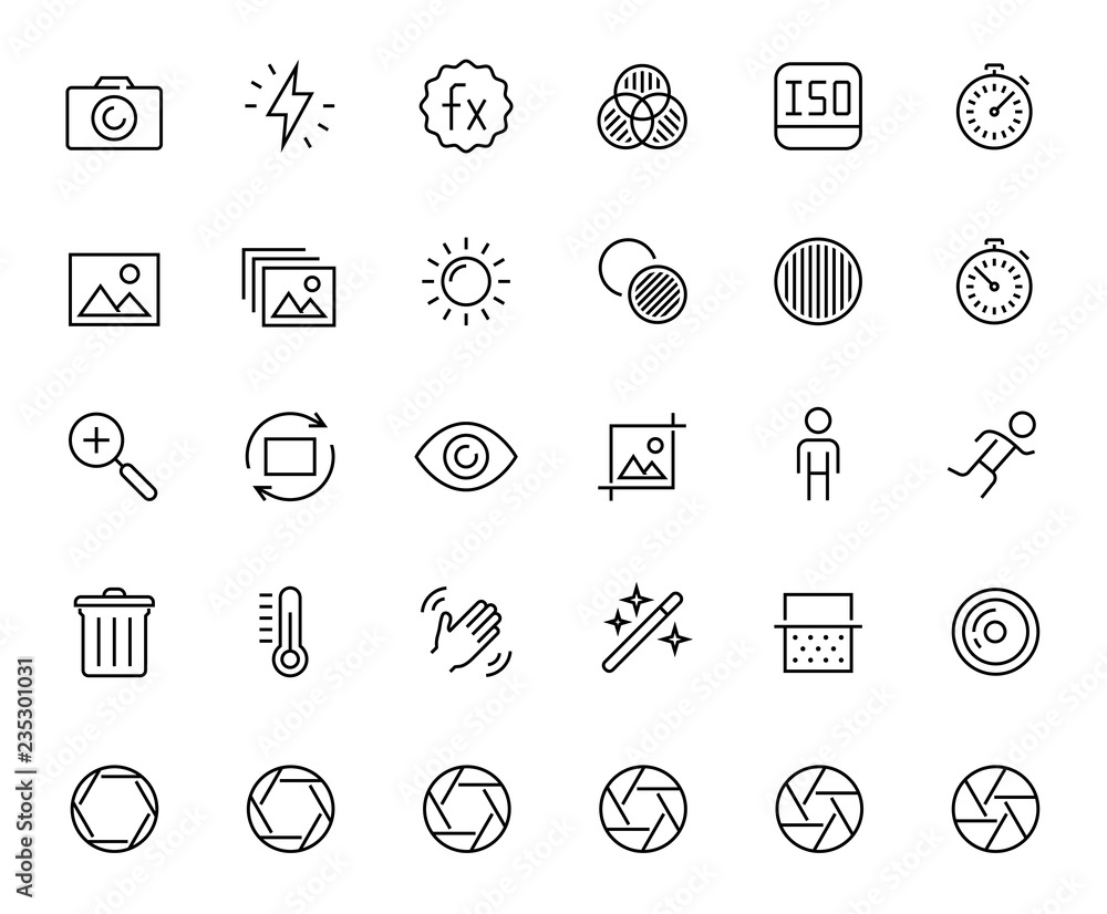 Photography and digital camera related vector icon set in thin line style - obrazy, fototapety, plakaty 