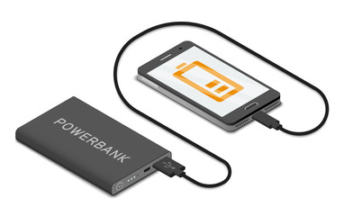 Power bank connected to smartphone by usb cable. Isometric vector illustration