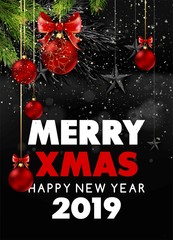 Wall Mural - Merry Christmas and happy new year 2019 black snowy poster with fur tree branches