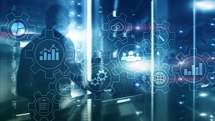 Wall Mural - business process abstract diagram with gears and icons. workflow and automation technology concept.