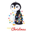 Cute watercolor penguin with Christmas garland.Hand painted holiday illustration.Perfect for your Christmas and New Year project,invitations,greeting cards,wallpapers,blogs etc