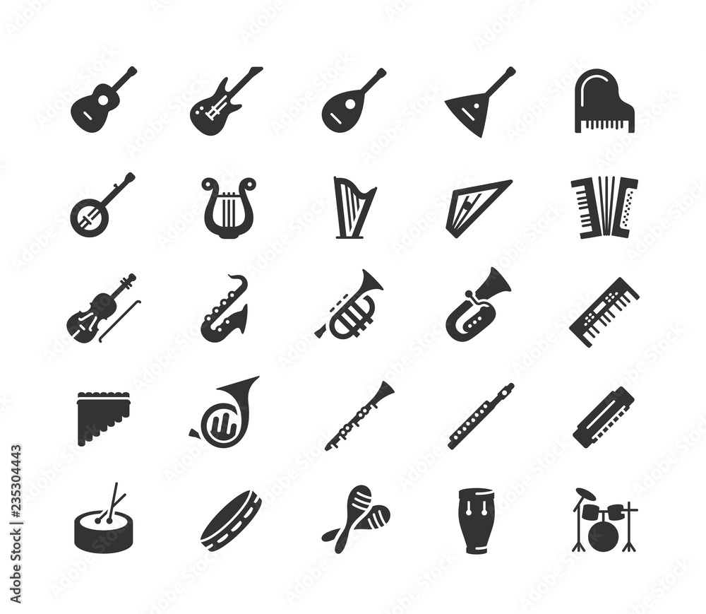 Musical instruments vector icon set in glyph style - obrazy, fototapety, plakaty 