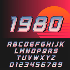 Slanted retro futuristic font in style of 80s, letters and numbers