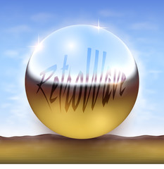 Retro 80s futuristic vector illustration. Chrome ball over desert