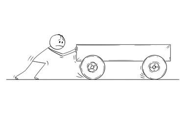 Poster - Cartoon stick drawing conceptual illustration of man pushing empty cart or barrow.