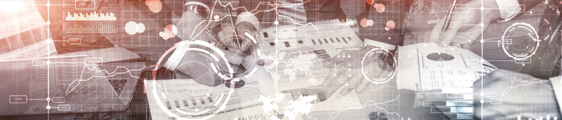 Wall Mural - business digital interface with graphs, charts, icons and timeline on blurred background. website he