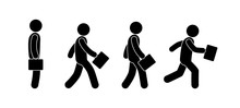 Stick Figure, Man Walking, Businessman With A Briefcase, A Set Of Movements, Human Silhouette