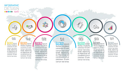 Seven circles with business icon infographics on world map background.