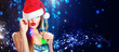 © Subbotina Anna - Christmas sexy woman. Beauty model girl in Santa's hat with glass of champagne in her hand celebrating on blinking holiday winter wide background
