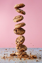 Chocolate Chip Cookies Falling In Stack