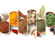 Set of different spices and herbs on white background, top view