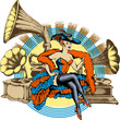 Burlesque dancer and gramophone. Engraved style. Vector illustration 