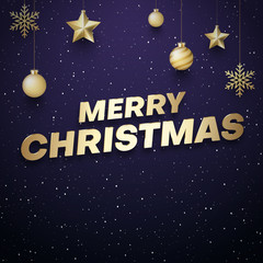 Merry Christmas 2019 greeting card with golden Christmas balls.