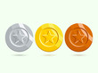 Coins with the image of the star. Gold, silver and bronze coins or medals set. Vector illustration in flat style.