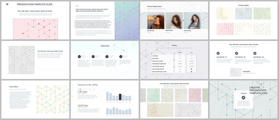 Minimal presentations, portfolio templates. Presentation slides for flyer, brochure, report. Line art pattern with connecting lines. Abstract geometric background. Technology, digital network concept.