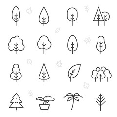 Sticker - Tree, icon set. Trees of various shapes, linear icons. Line with editable stroke