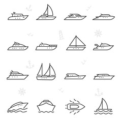 Wall Mural - yacht, icon set. yachts, ship and motor boats, linear icons. line with editable stroke