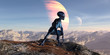 3d illustration of an female extraterrestrial looking at an alien world while crouching on a mountain top with large and small planets in the background.