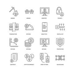 Wall Mural - 16 linear icons related to Blockchain, Bitcoin, Mining, undefine