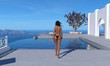 3d illustration of a topless woman wearing a black thong bikini bottom walking toward a swimming pool at a resort setting.