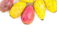 Red End Yellow Prickly Pear Or Opuntia Isolated On A White Background With Copy Space For Your Text. Top View. Flat Lay