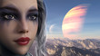 3d illustration of a young woman with exotic makeup and alien sky in the background.