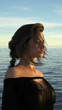 © Bert Folsom - 3d illustration of a beautiful woman wearing a dress with the ocean and sky behind her in the late afternoon light.