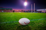 Fototapeta Sport - Rugby ball on green grass on stadium. Rugby pitch, fans and sunset sky in background.